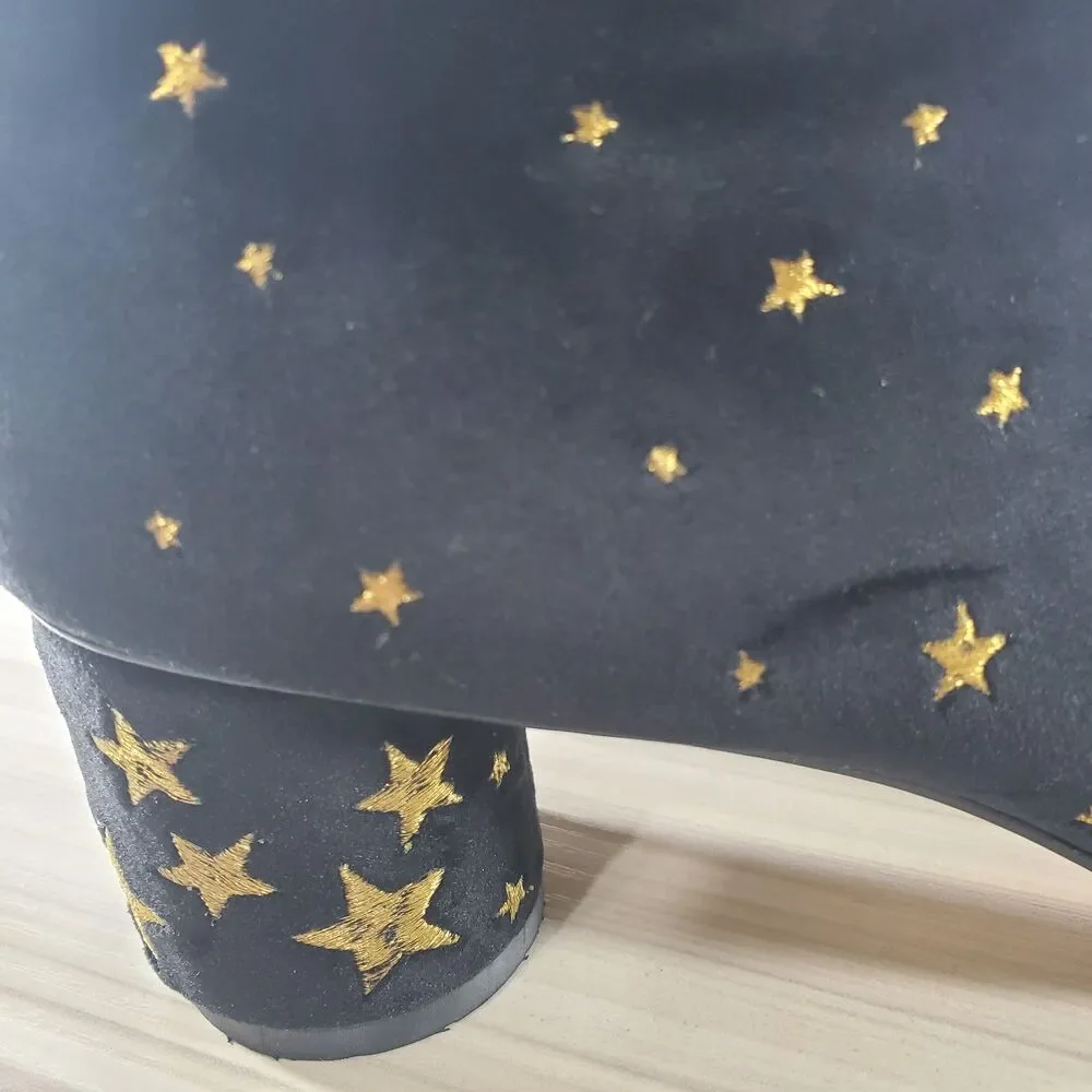 sz 7 Butrich Black Velvet Gold Stars Embroidered Booties Ankle Boots Metallic